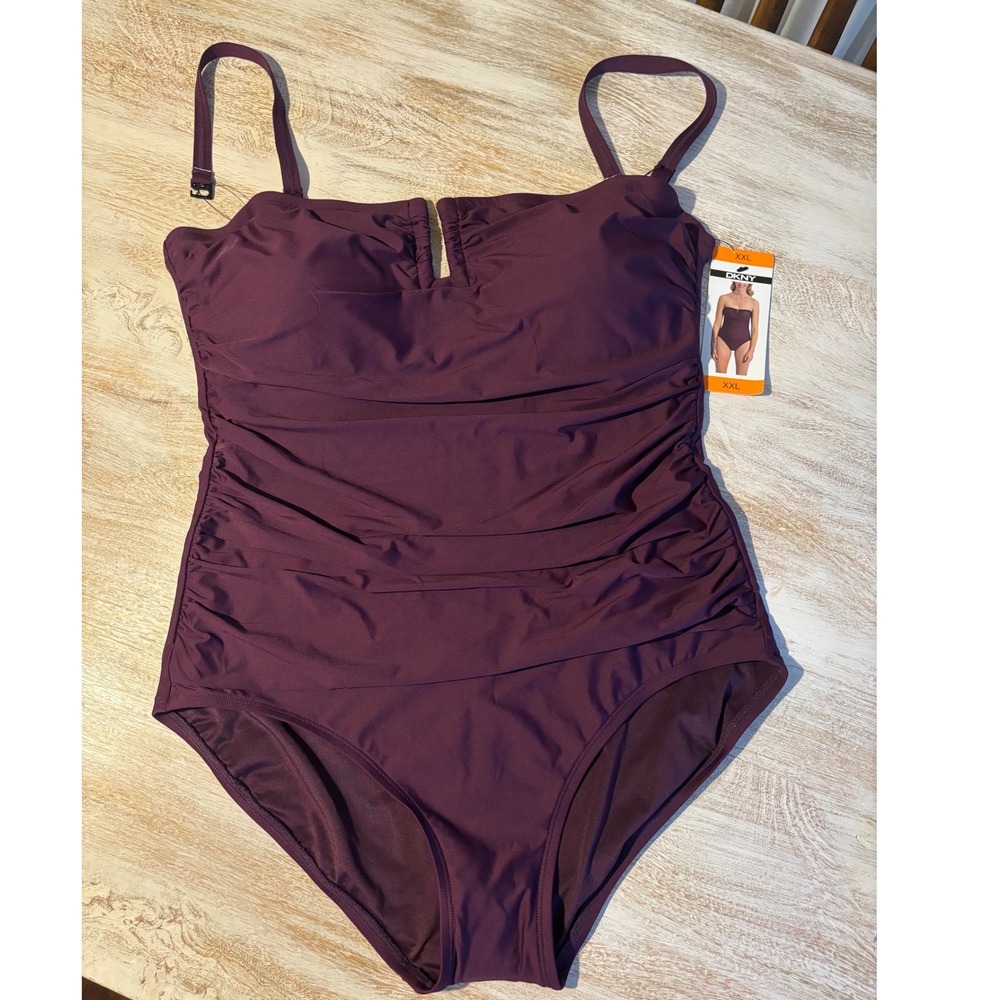NWT DKNY Womens Purple Ruched One Piece Swimsuit Removable Straps XXL 1943727